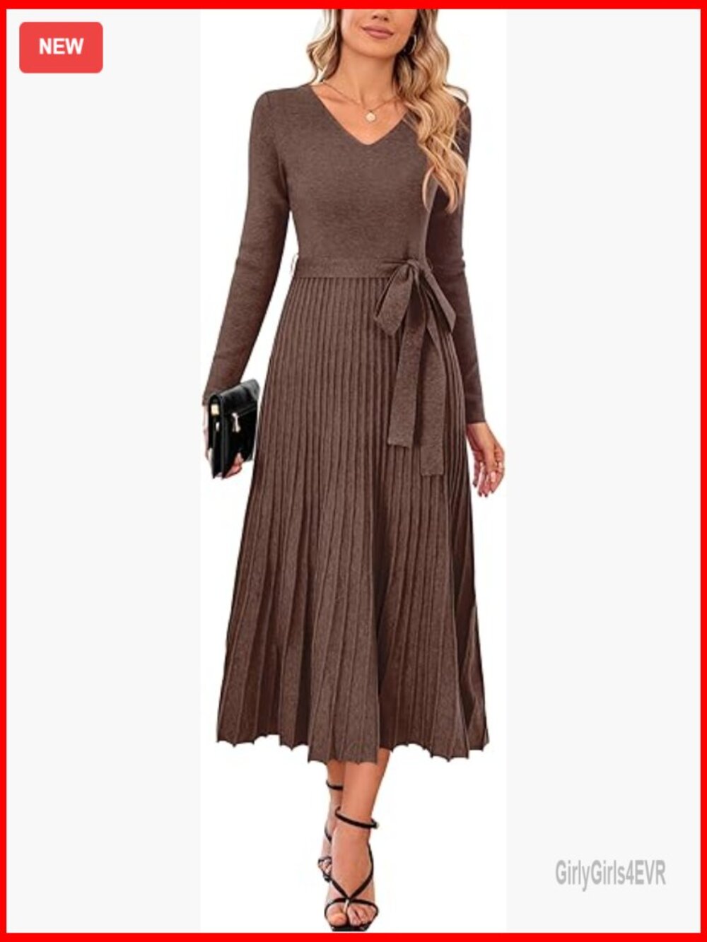 Wool Blend Tie Waist Pleated Sweater Dress Long Sleeve V Neck Casual